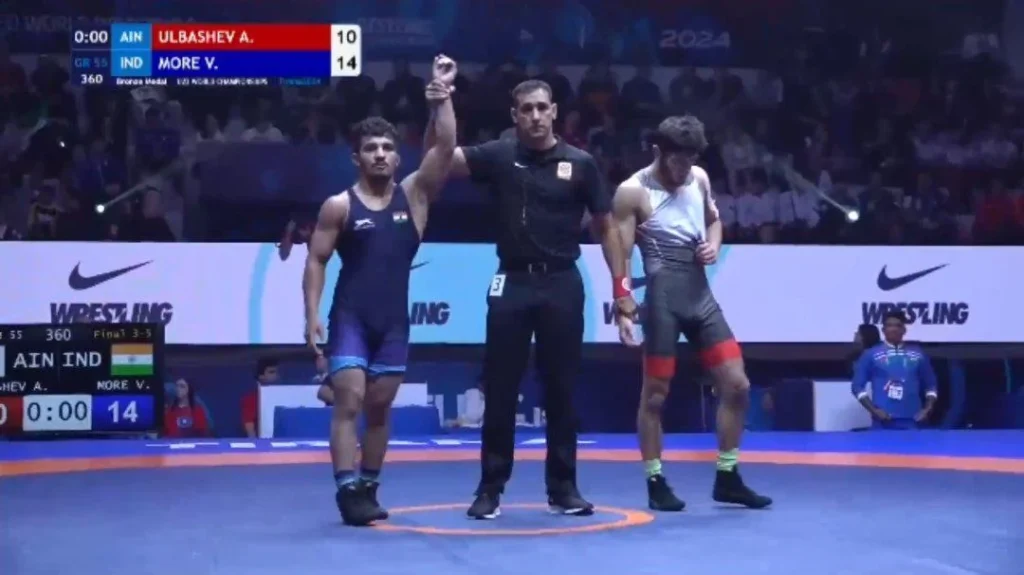 Vishvajit More wins bronze in 55kg Greco-Roman category at U23 Wrestling World Championships 2025 after defeating Kazakhstan’s Yerassyl Mmayrbekov 5–4.